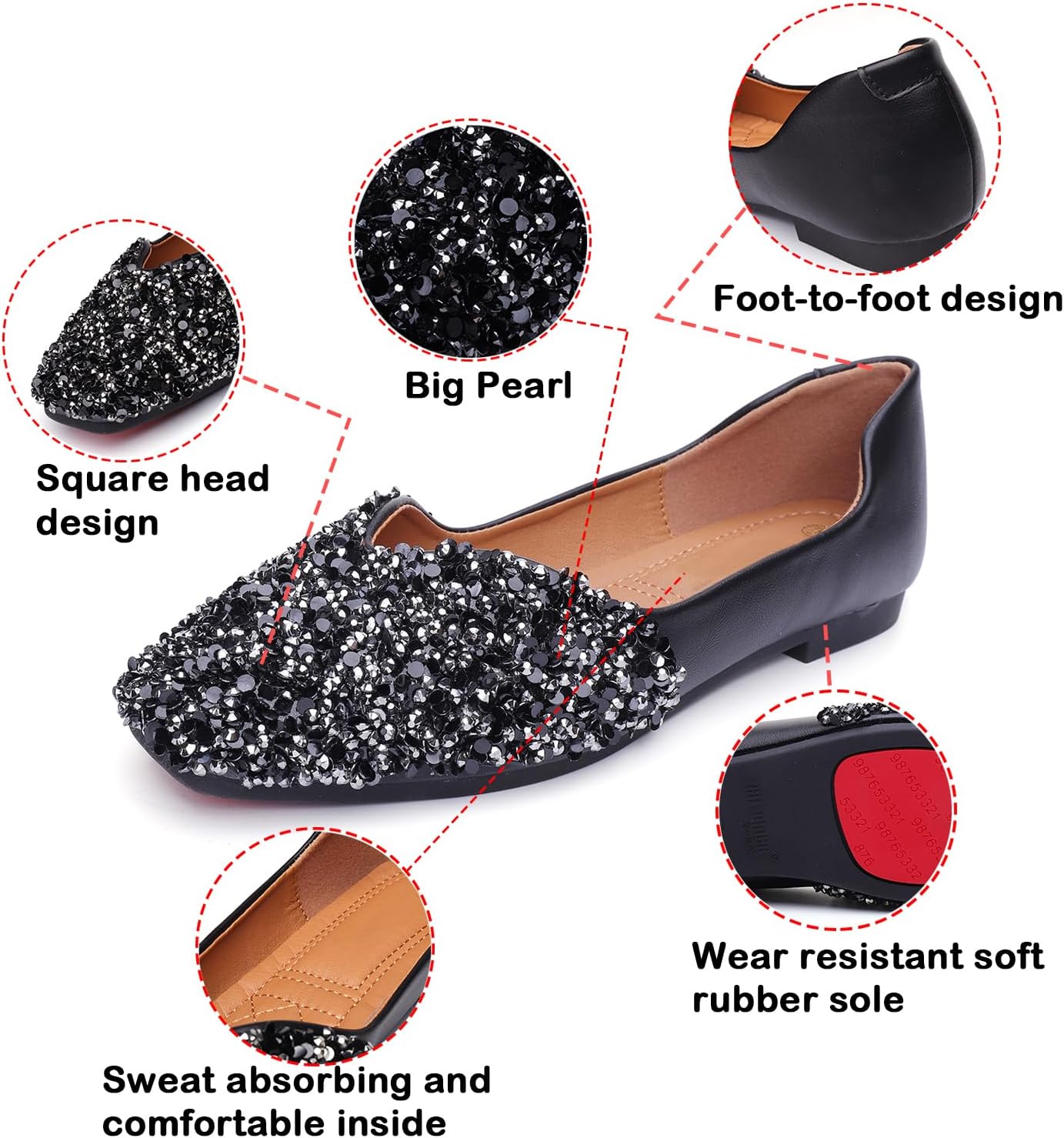 Flats Shoes Women Rhinestone Square Fashion Ballet Flats Wedding Flats for Women Comfortable Slip on Low Heel Dress Shoes - Image 7