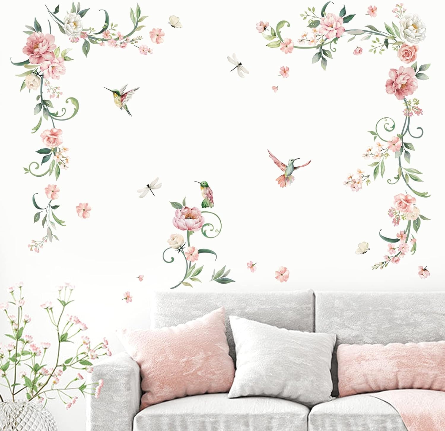 decalmile Peony Flower Wall Decals Pink Blossom Birds Wall Stickers Living Room Bedroom Girls Bedroom Wall Decor