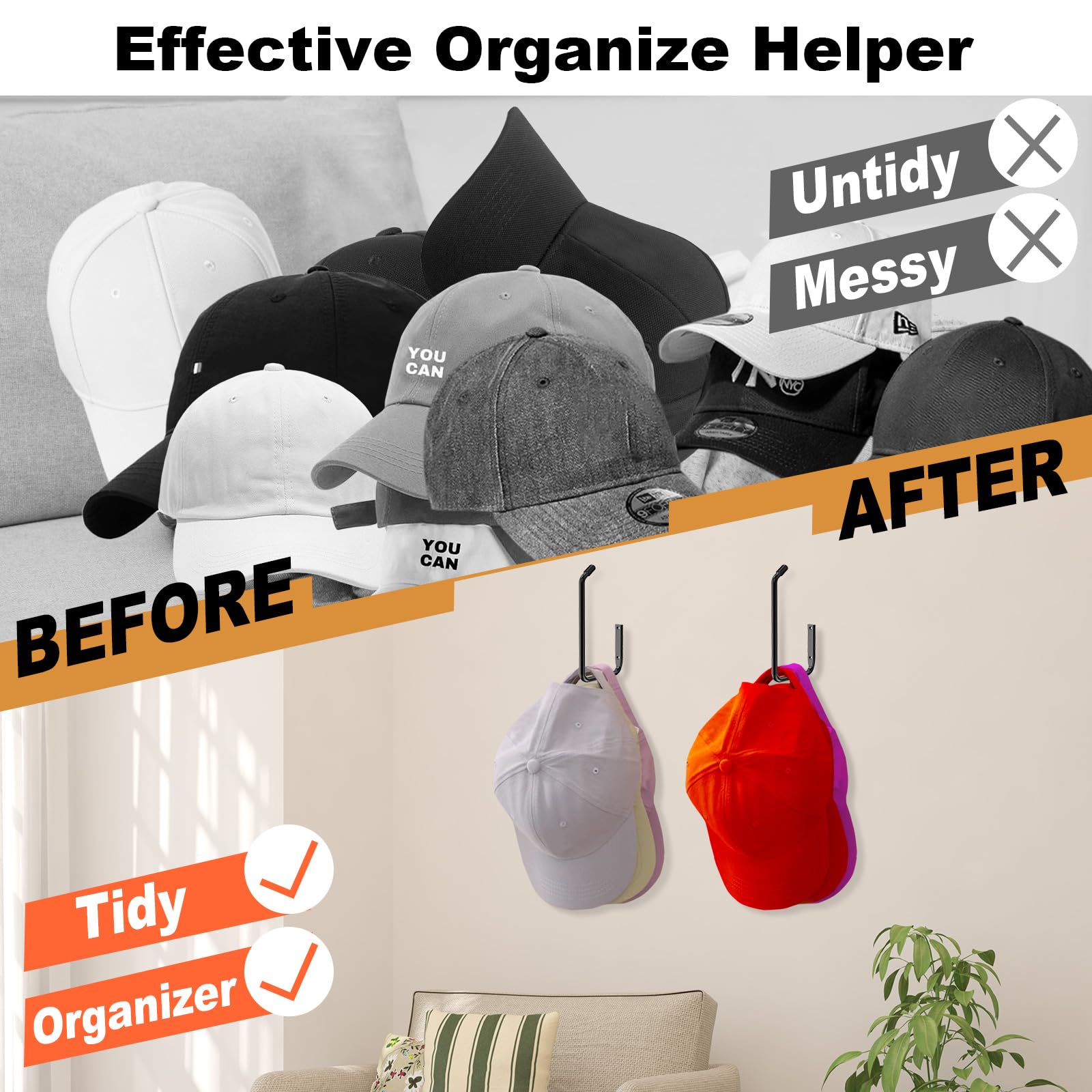 Fikoksol 2-Pack Baseball Cap Organizer – L-Shaped Wall Mount Hat Rack, 5.91" Self-Adhesive & Screw-In Space Saver