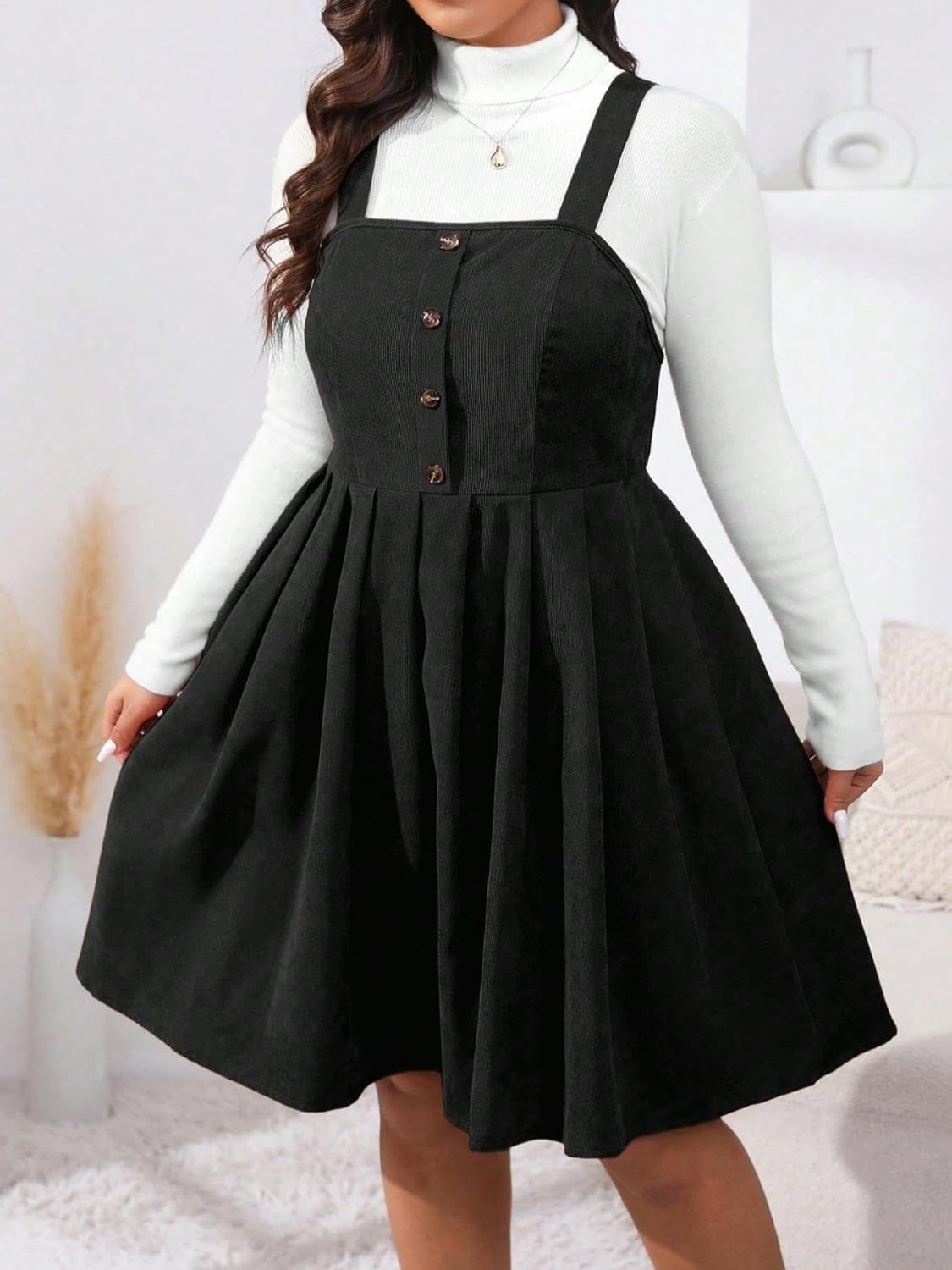 Oversized Button up Pleated Pinafore A-line Dress, Casual Sleeveless Vest for Women in Autumn and Winter, Without Sweater - Image 4