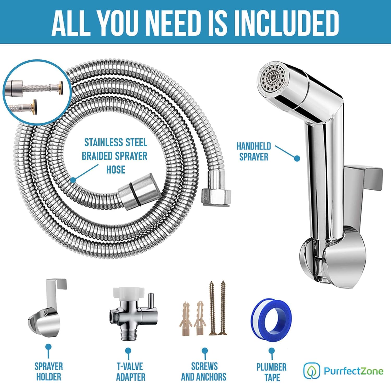 Purrfectzone Faucet Fixture for Bidet with Single Hole and 2 Modes - Stainless Steel with Metal Lever Handle Bidet Sprayer and Baby Cloth Diaper Sprayer Hand Held Bidet Toilet - - 