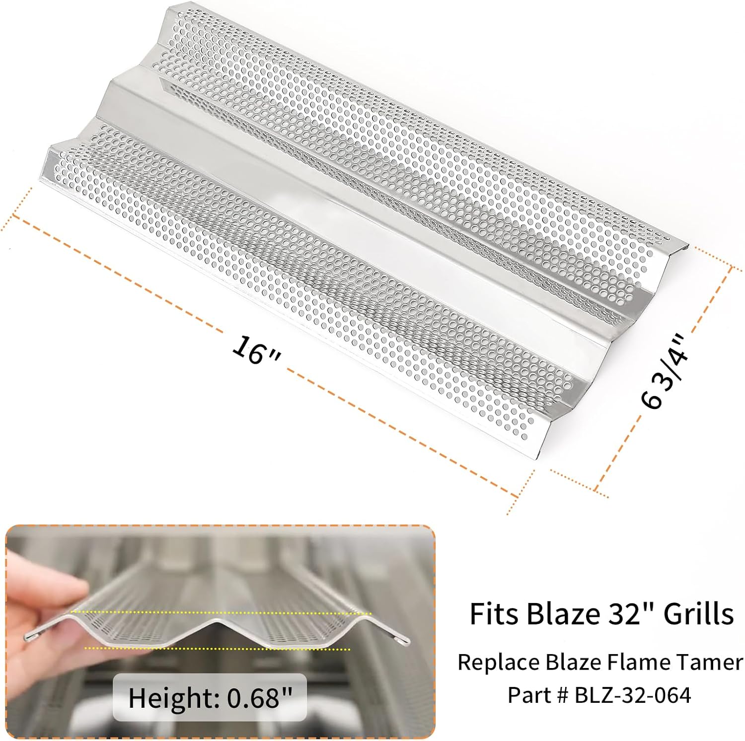 BLZ-32-064 Flame Tamer for Blaze Grill Replacement Parts for Blaze 32 Inch 4-Burner Grill BLZ-4 BLZ-4 LBM BLZ-4 LTE BLZ-3 BLZ-5 Heat Plate Accessories, Stainless Steel Heat Shield, 4 Pack