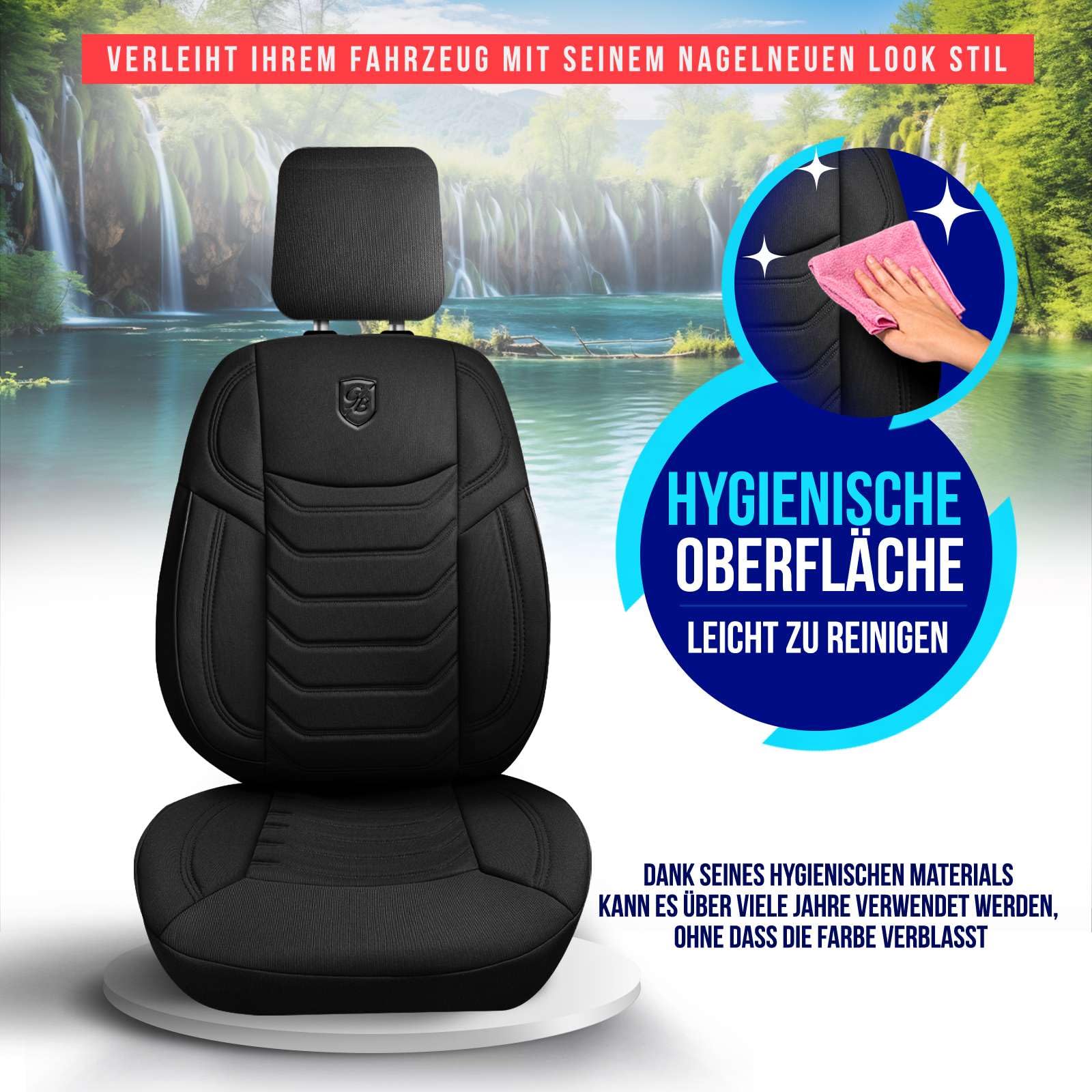 Autositzbezüge Universal für PKW & SUV – Premium Vordersitze Auto Sitzbezug aus Lacoste-Stoff, Schwarz, Airbag-Kompatibel Sitzauflage, Autoschonbezug, Vordersitz-Set inkl. Montageset