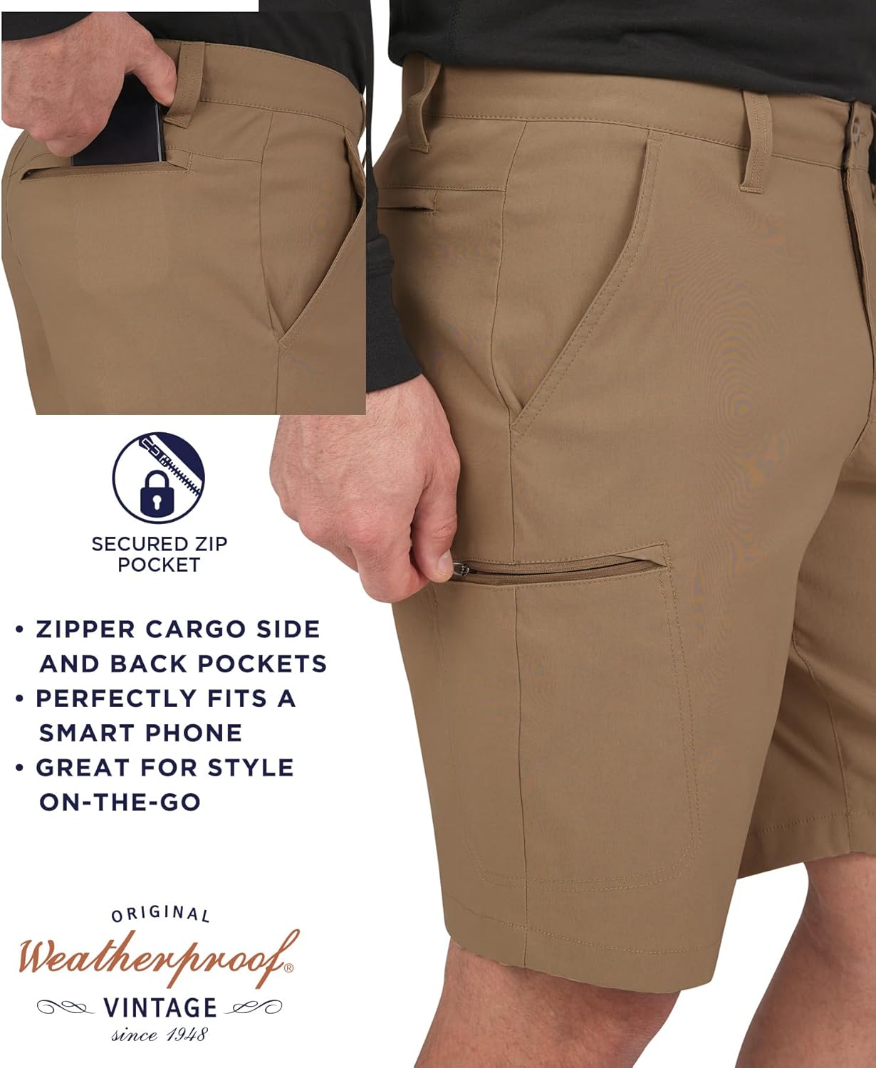 Weatherproof Vintage Mens Casual Shorts, Quick Dry Lightweight Stretch Hiking Shorts with Zipper Pockets - Image 3