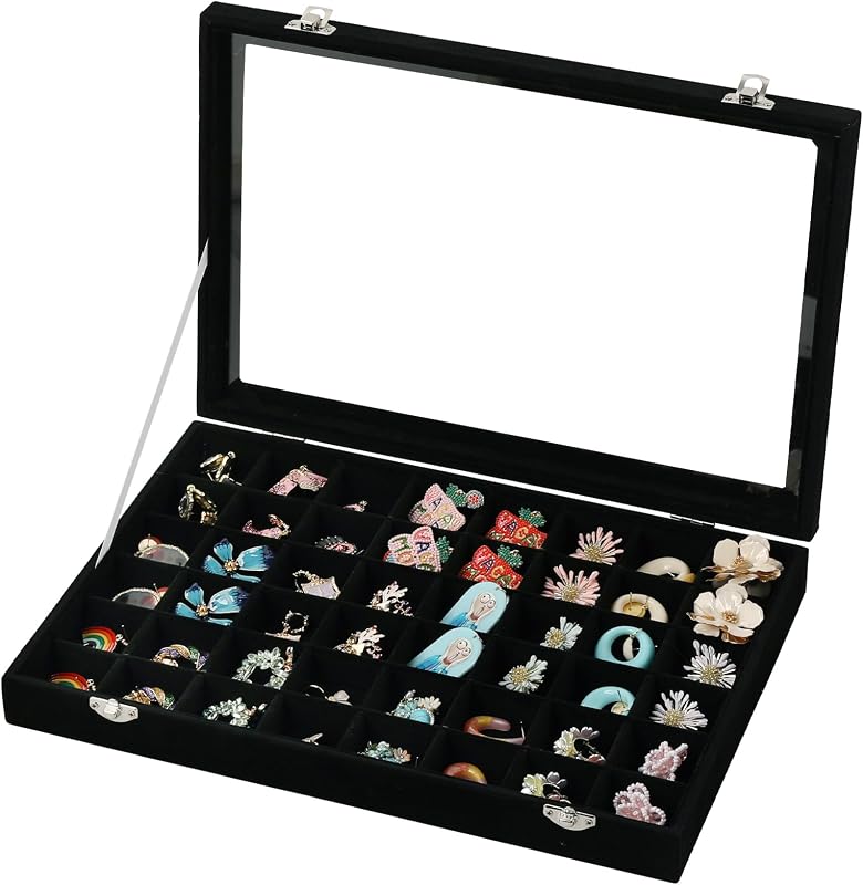 Frebeauty 48 Grid Earring Organizer,Velvet Jewelry Tray with Clear Lid | Drawer Jewelry Organizer for Rings Studs Beads,Adjustable Dividers,Dustproof,Earring Storage,Trinket Box,13.8×9.5Inches