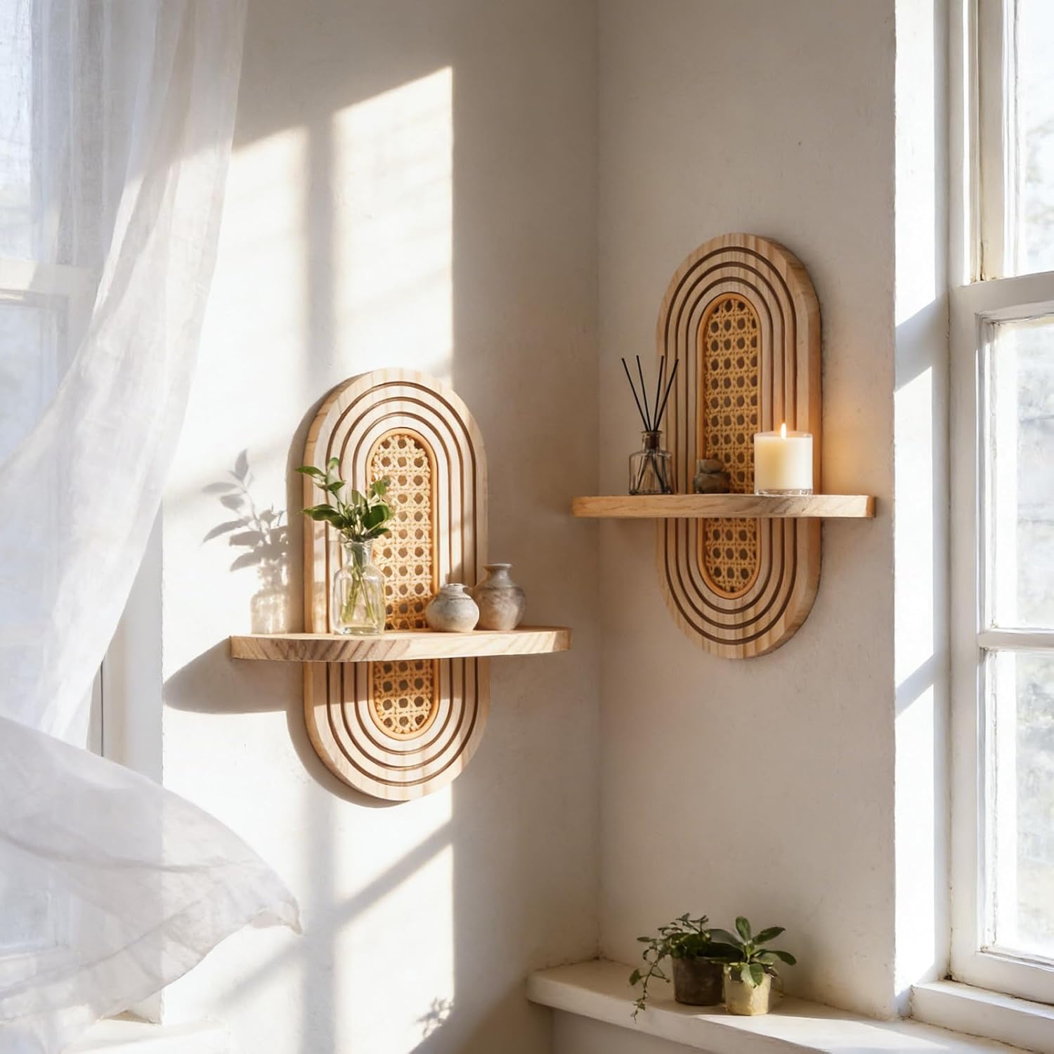 Artilady 2 Pack Boho Shelves Wall Decor - Natural Rattan Solid Wood Floating Shelf Rainbow Arch 2 Tier Trinket Plant Storage Rack Modern Wall Art for Bedroom Nursery Bathroom Office