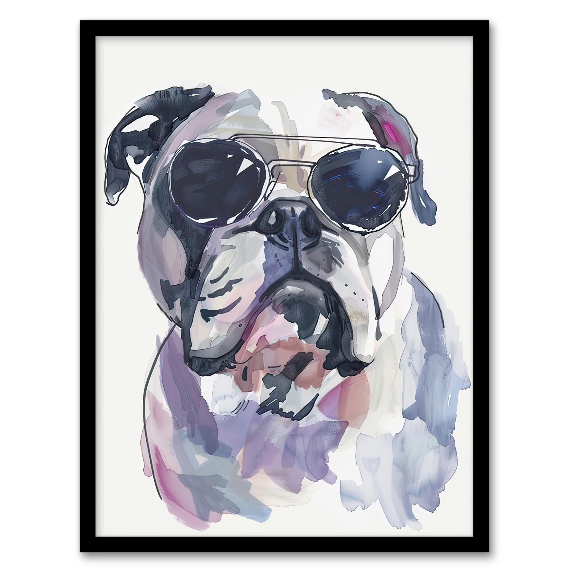 Artery8 English Bulldog in Aviator Sunglasses Watercolour Living Room Artwork Framed Wall Art Print 18X24 Inch