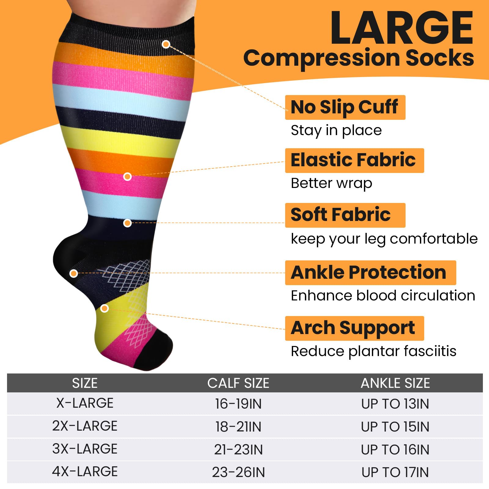 Croknit 8 Pairs 3x-large Plus Size Compression Socks for Women Men Wide Calf Extra Large Size Knee Support Socks for Circulation (Stylish Style)