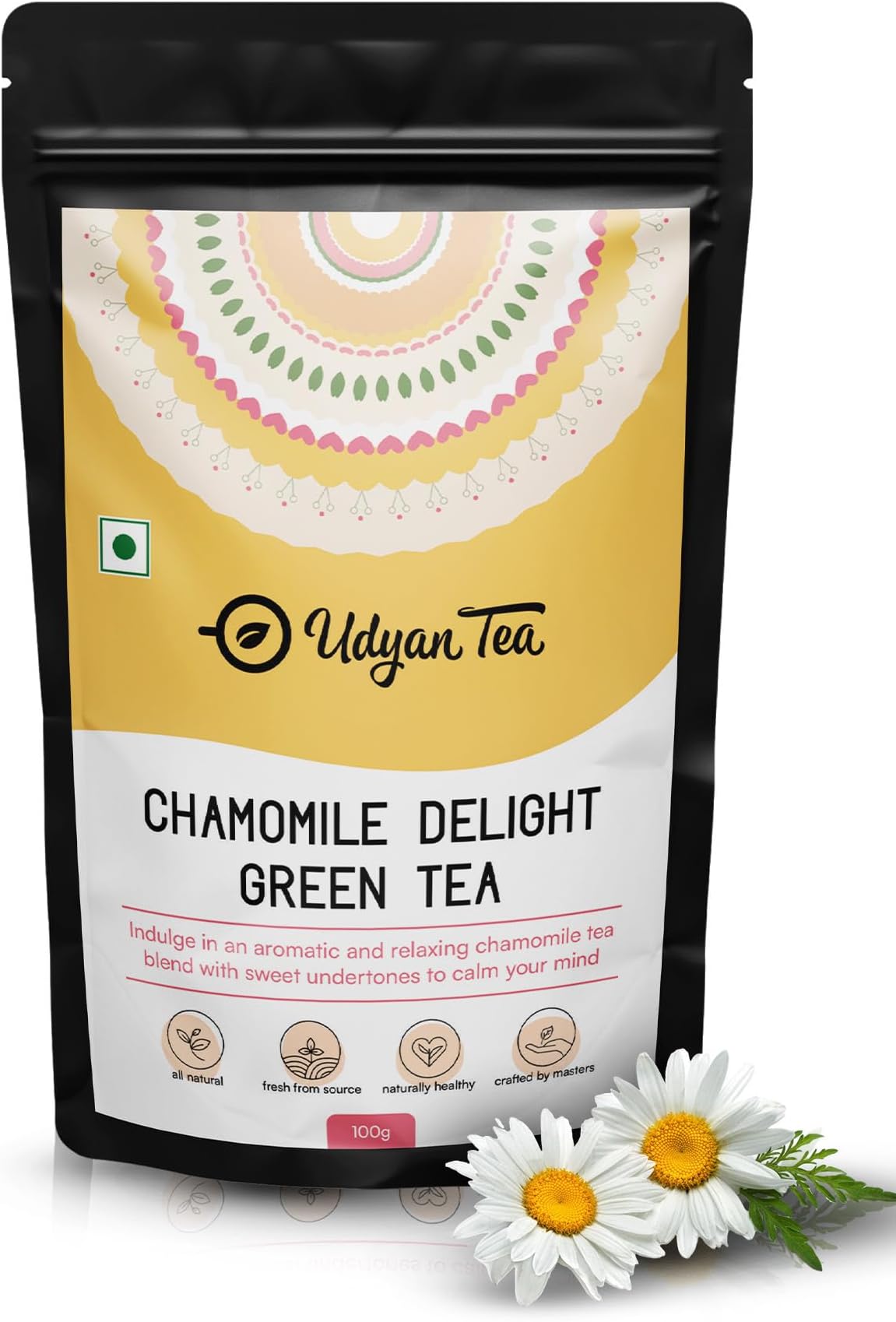 Udyan Tea Chamomile Delight Green Tea (100g, 50 Cups) | Natural Loose Leaf Green Tea with Chamomile | Reduces Stress & Promotes Sleep