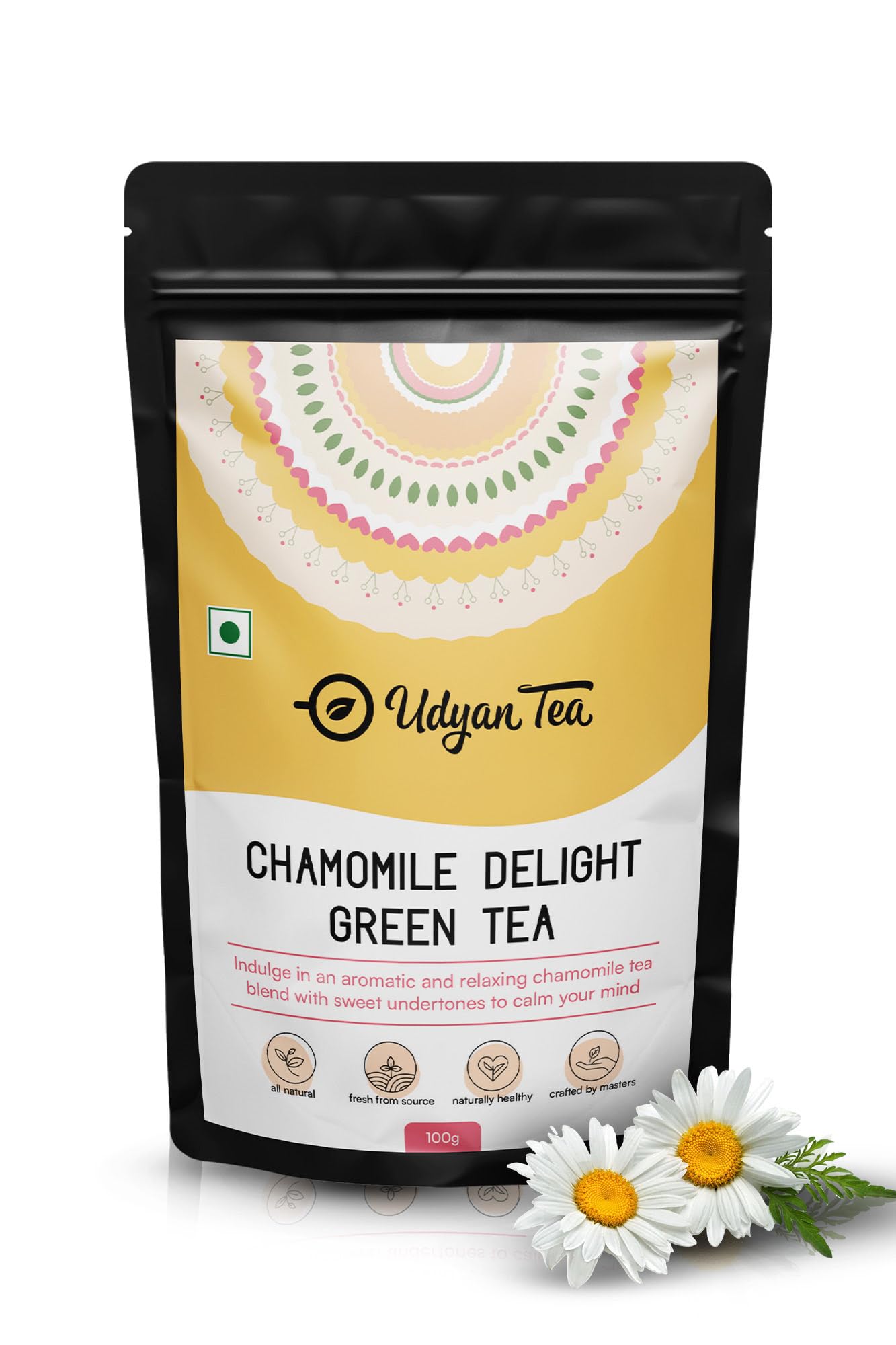 Udyan Tea Chamomile Delight Green Tea (100g, 50 Cups) | Natural Loose Leaf Green Tea with Chamomile | Reduces Stress & Promotes Sleep