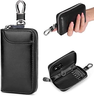 Key Case Leather, Multifunctional Zipper Key Bag, Unisex Key Case for Women and Men, Key Case with Zipper Compartment and Keychain, Black