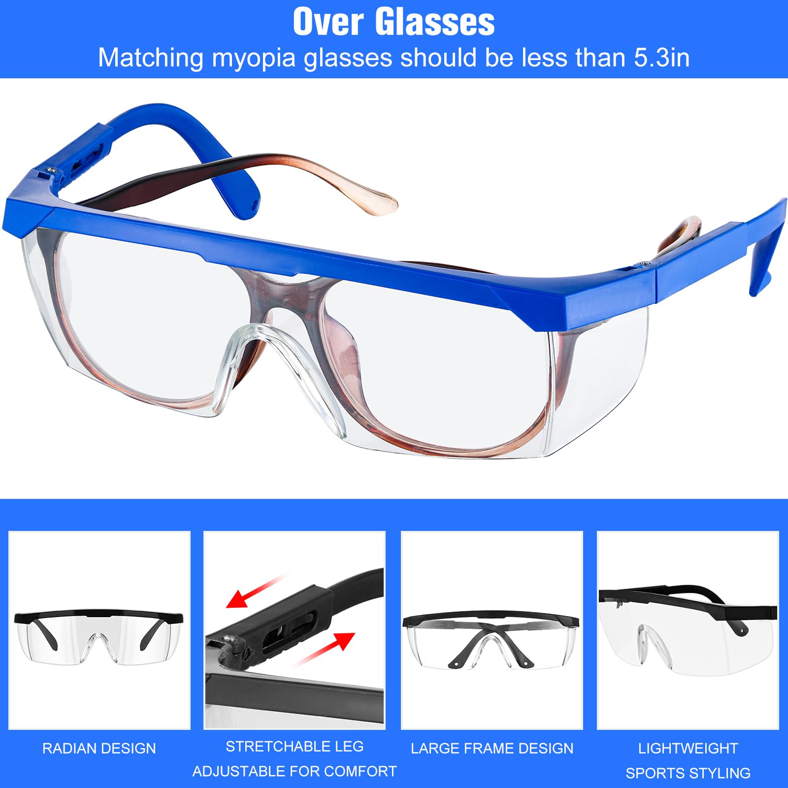 Copkim 64 pares de anteojos de laboratorio a granel para clase científica, gafas de seguridad sobre gafas, gafas protectoras antivaho para hombres, mujeres y niños (azul, negro)