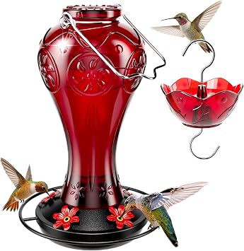 Birdream 23oz Red Glass Hummingbird Feeder for Outdoors, Durable Metal Base