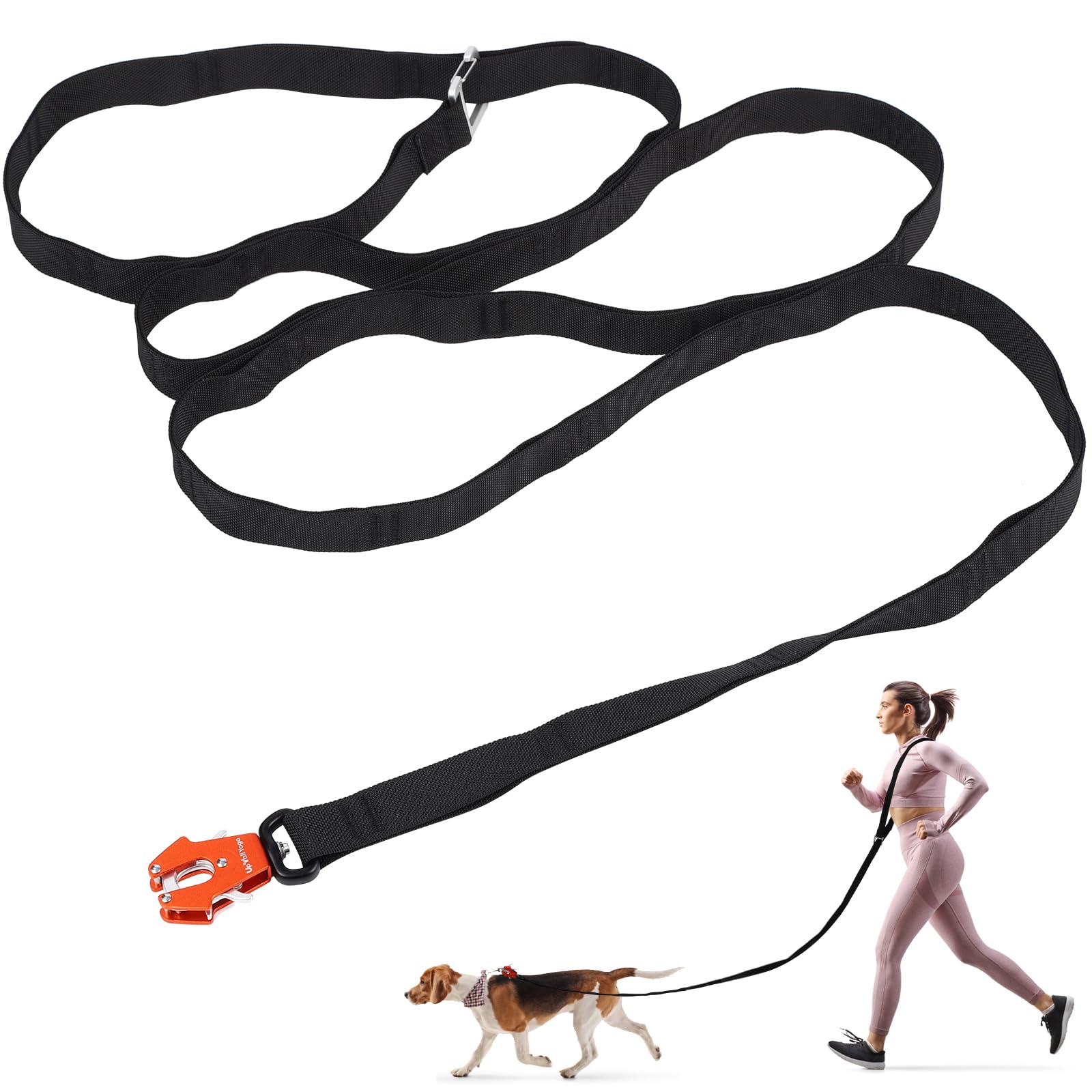 UpWallYoga Heavy Duty Hands-Free Service Dog Leash - 10ft Double-Layered Woven Strap, Frog Clip in Front, D-Ring in Back, Adjustable for Large and Medium Dogs for Walking and Running