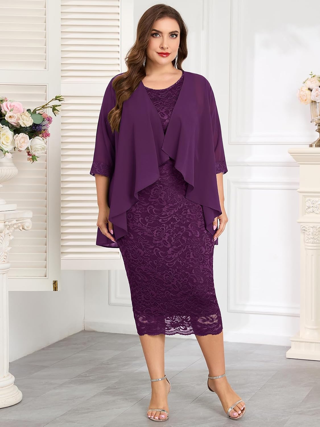 Plus Size Mother of The Bride Groom 2 Piece Suit Lace Dress with Chiffon Jacket Elegant Set Formal Wedding Guest - Image 6