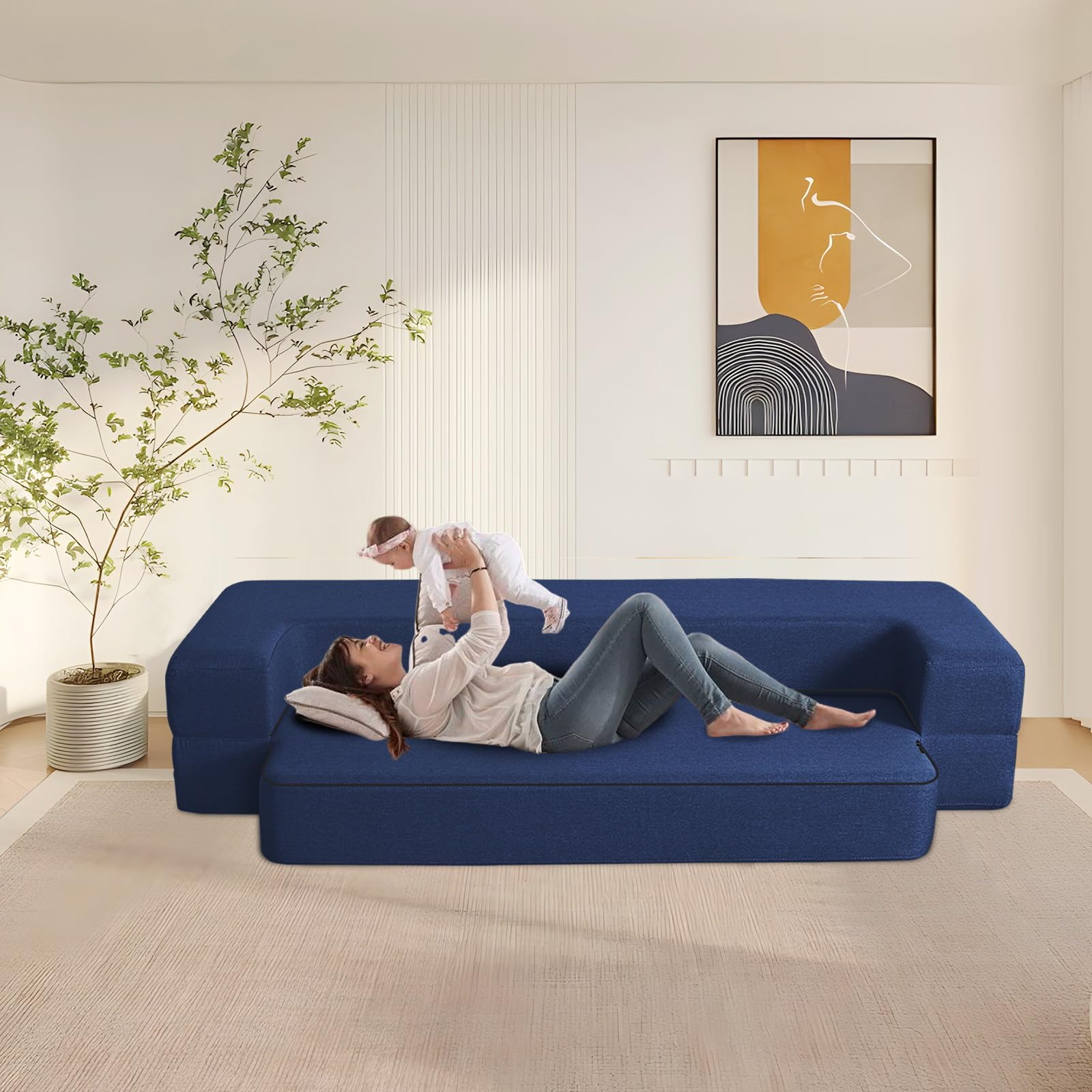ANONER Divano Pieghevole Letto, Letto Per Gli Ospiti、Sedile Per Due Persone Cotone di Memoria,Confortevole e Spazioso，Ldeale per Case e Appartamenti di Piccole Dimensioni, Blu Scuro