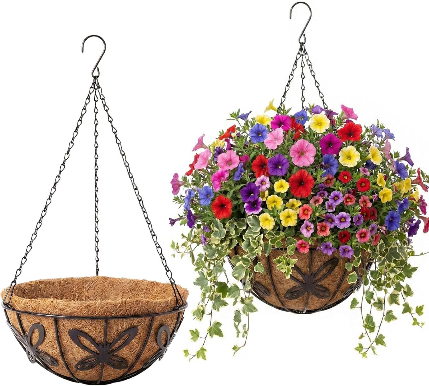 2 Pack Hanging Baskets for Plants Outdoor 14 Inch Butterfly Metal Hanging Planters with Coco Coir Liner, Round Hanging Flower Basket for Home Garden Patio Balcony Porch