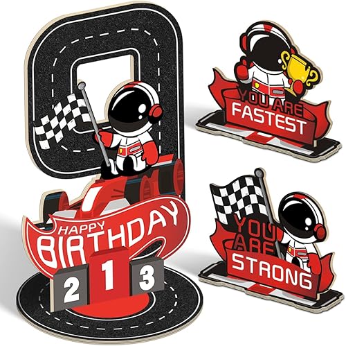 Miniatura 20 de 3 piezas de centro de mesa de madera escalonada de madera para auto de carreras de 2º cumpleaños, decoración del hogar (doble cara)