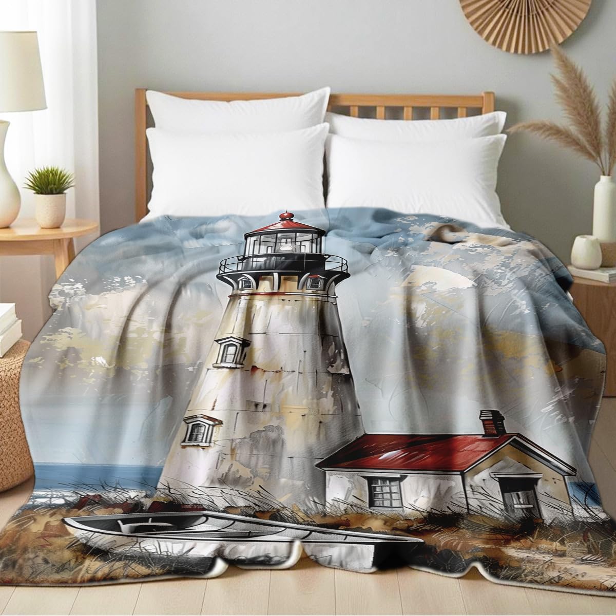 Lighthouse Print Throw Blanket Coastal Flannel Blanket for Couch Bed Nautical Lighthouse Throw Soft Bedding Beach Bedroom Decor Gifts (49"x59") - Image 2