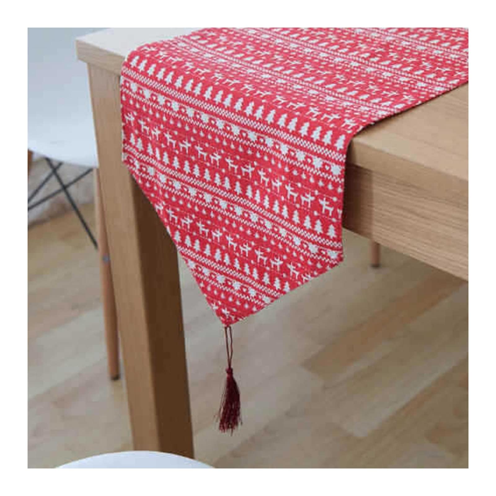 Runner da tavola per compleanno, rosso, piccolo cervo natalizio con nappe, in cotone, 32 x 200 cm
