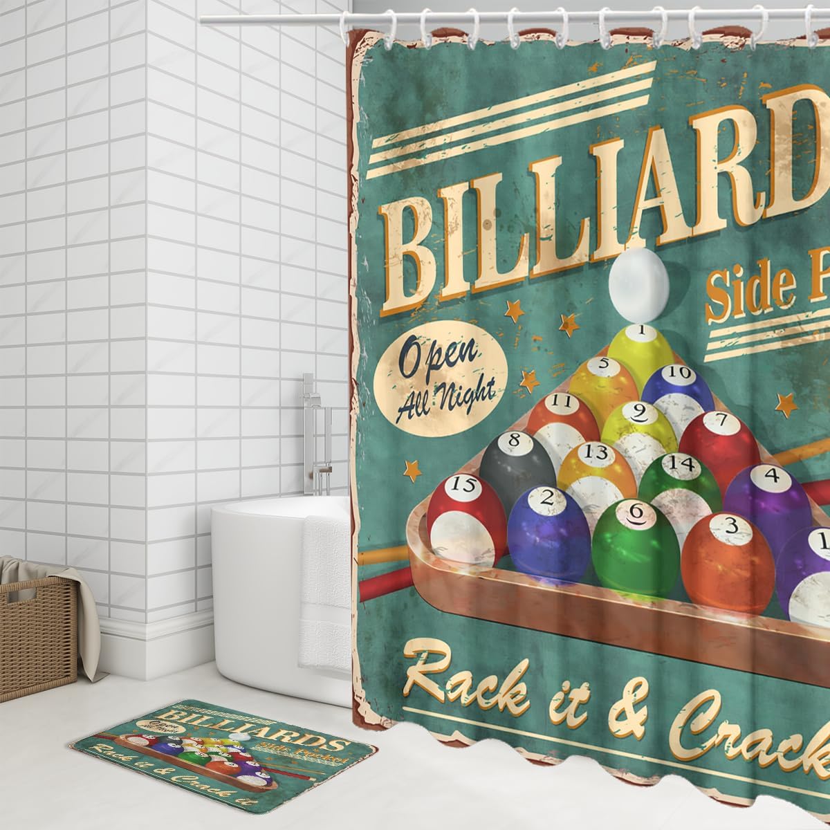 Vintage Snooker Billiards Shower Curtain Sets 4 Pcs,Retro Rustic 1950s Game Sports Theme Billiard Pool Balls Bathroom Decor with Rugs Include Waterproof Non-Slip Toilet Lid Cover Bath Mat