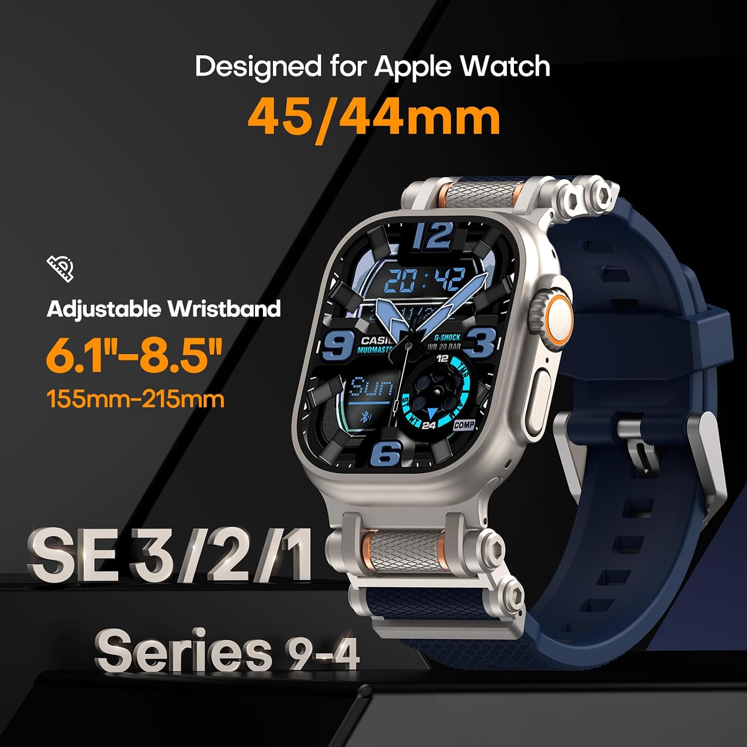 TAURI Silicone Band for Apple Watch Bands SE/Series 9/8/7/6/5/4 44/45mm [Stainless Steel Metal Connector + Liquid Silicone Strap] for iWatch 45mm/44mm Adjustable Band Men Women, Navy Blue