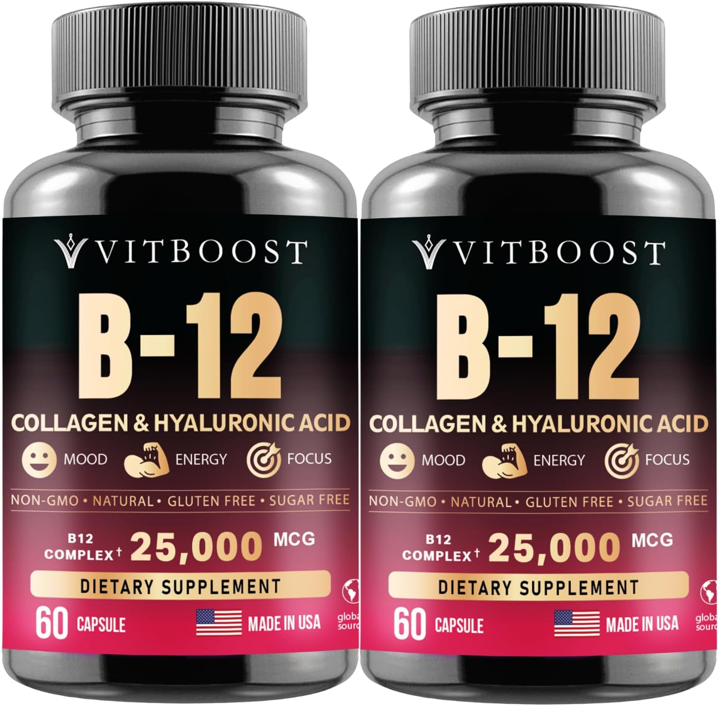 VITBOOST B12 Methylcobalamin with Hyaluronic Acid, Collagen, and Folate – 25000 mcg Supplement Enhance Absorption & Boost Energy | Gluten-Free, Made in USA, B1, B2, B3, B6, B7 Complex - Pack of 2