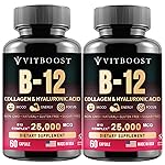 VITBOOST B12 Methylcobalamin with Hyaluronic Acid, Collagen, and Folate - 25000 mcg Supplement Enhance Absorption & Boost Energy | Gluten-Free, Made in USA, B1, B2, B3, B6, B7 Complex - Pack of 2