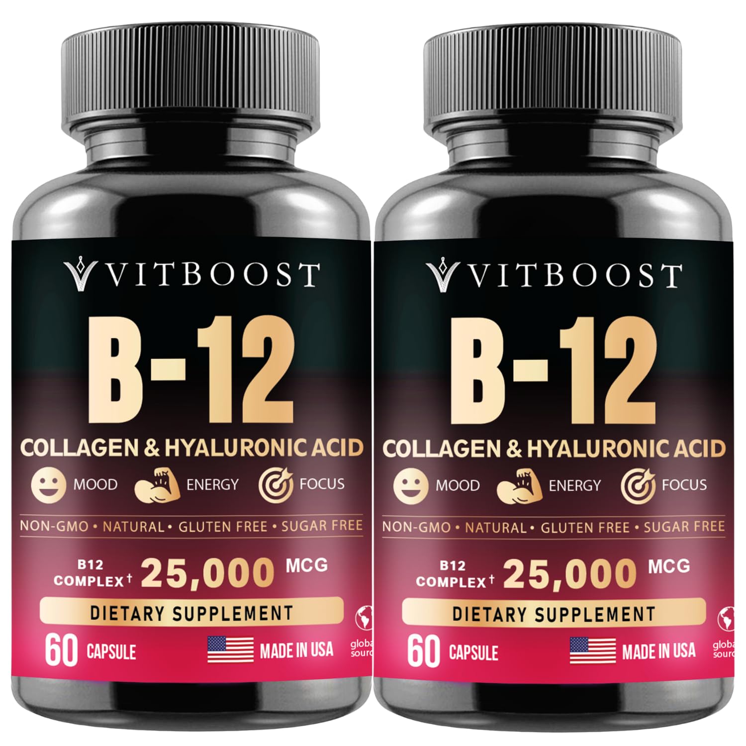 Vitamin B12 with Hyaluronic Acid and Collagen - 25000 mcg B12 Complex, 2PK