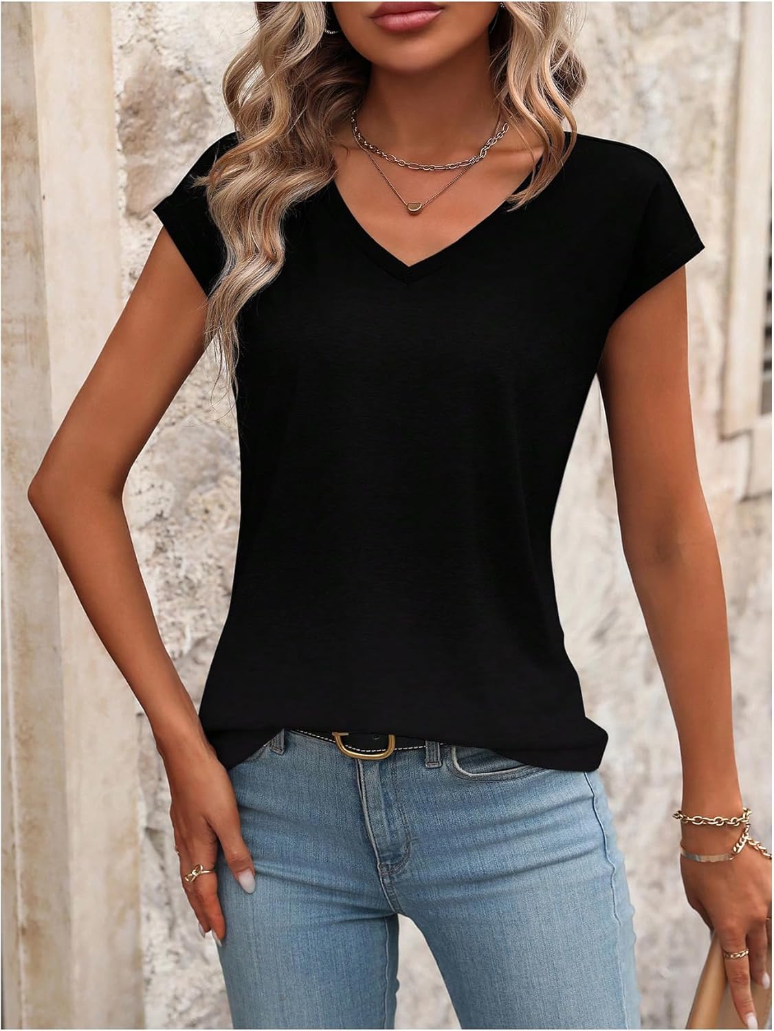 Women's V Neck Cap Sleeve T Shirts Basic Tees Summer Dressy Casual Work Tops - Image 4