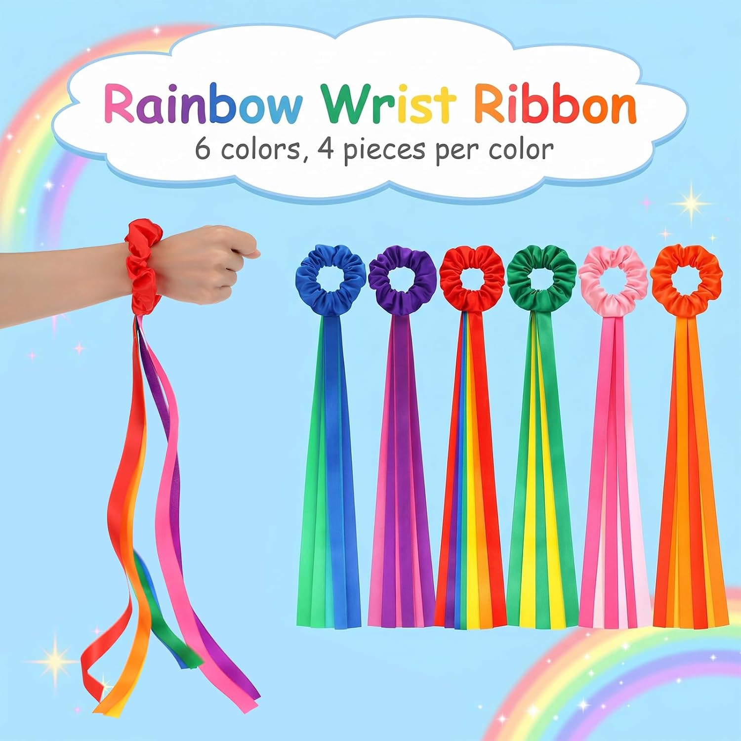 24 Pcs Rainbow Dance Ribbons Elastic Wrist Streamers Hand Held Rhythm Streamers Gymnastics Party Props Decor Multicolor 19.7x0.8 Inch