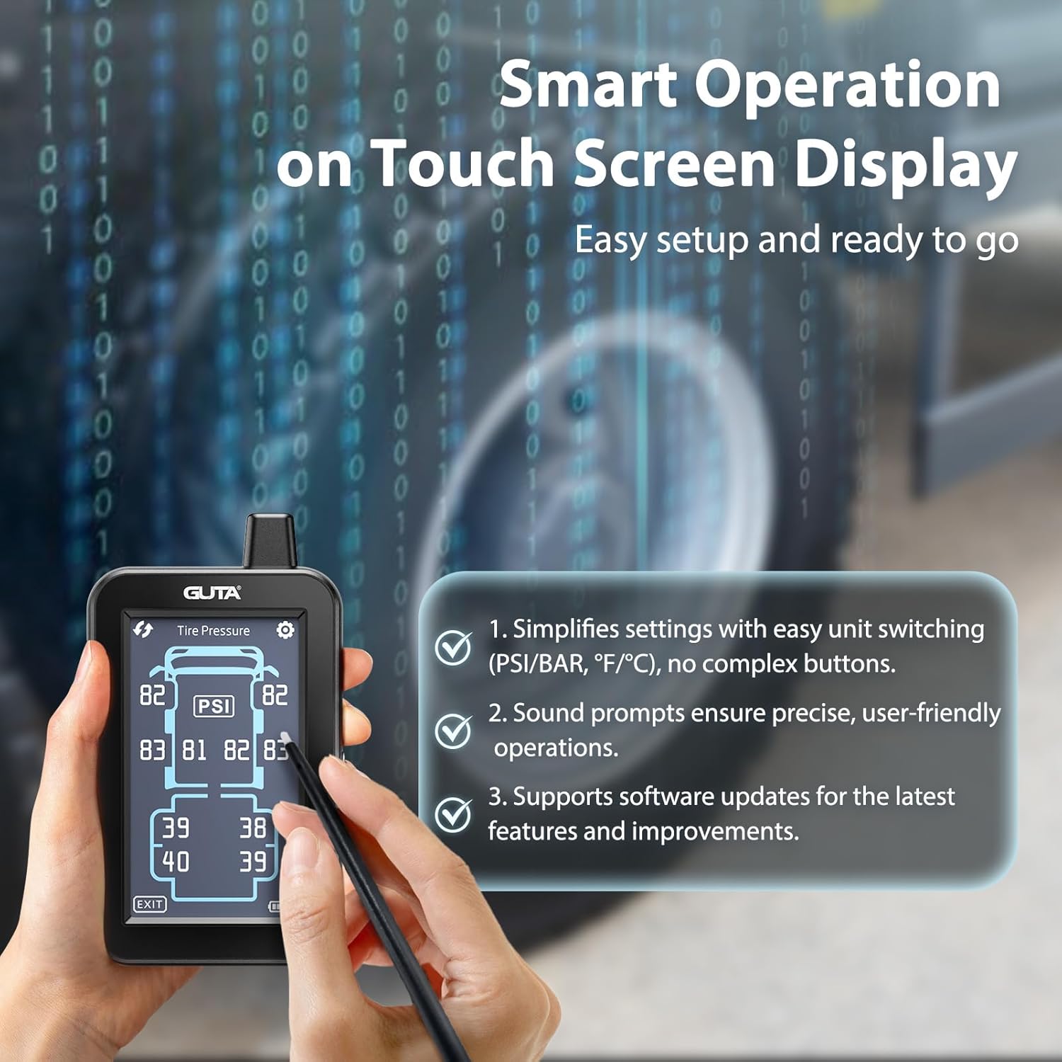 A hand using a stylus on the GUTA TPMS touchscreen display, highlighting easy setup and unit switching options.
