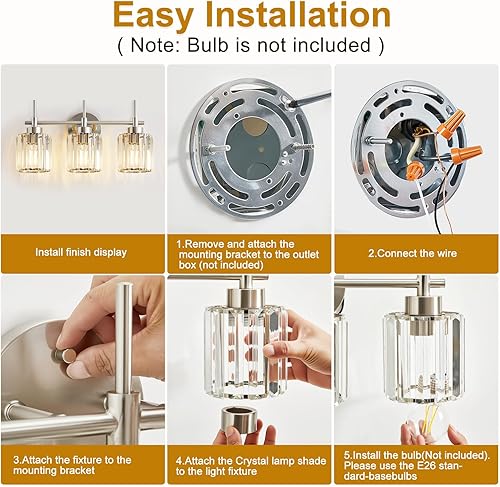 Miniatura 6 de Lámparas de baño de 3 luces, luces de espejo de tocador de níquel cepillado, lámparas de pared vintage de baño de cristal, lámparas de pared para