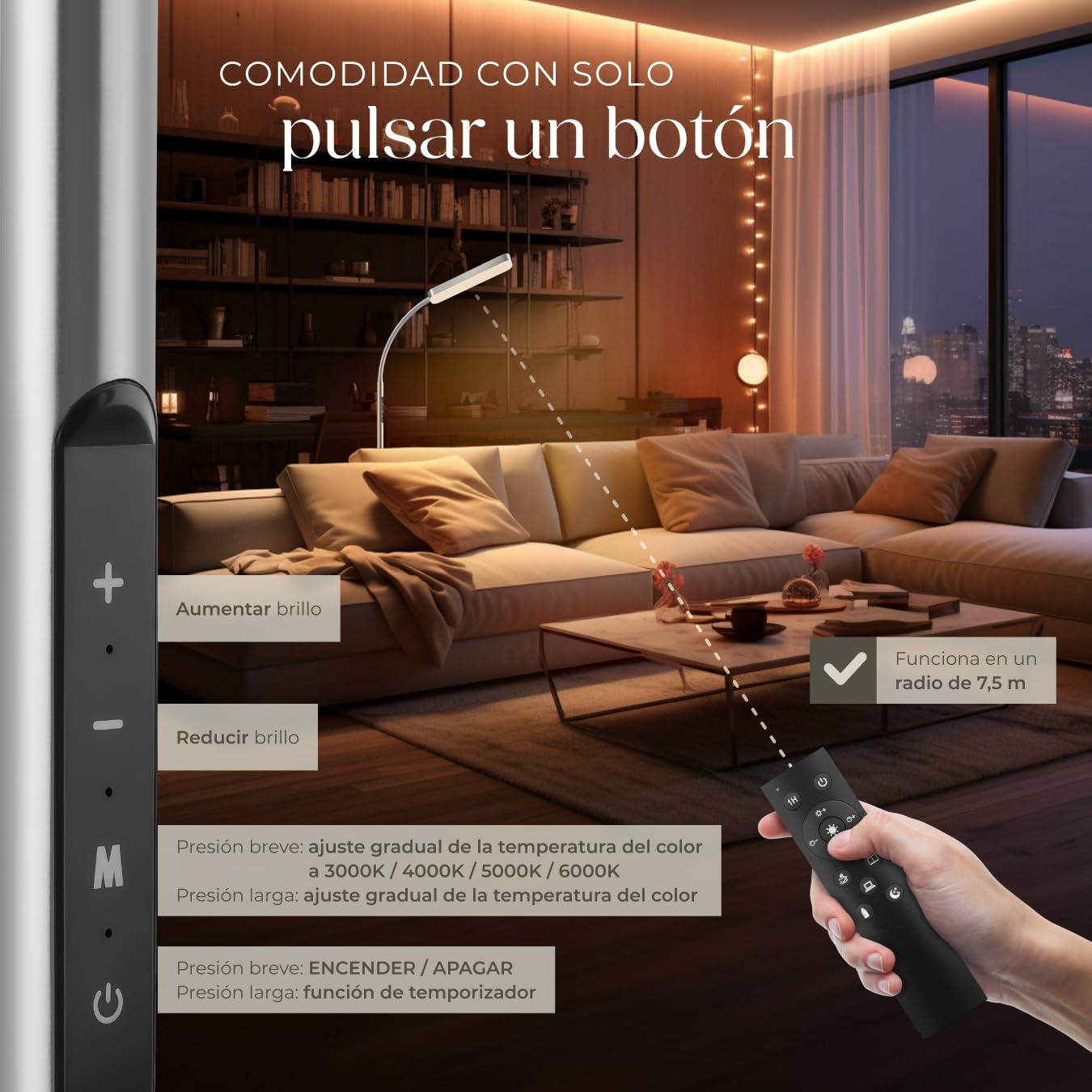 tectake® Lampara de Pie, Regulable, Cuello de Cisne Flexible, 5 Modos de Iluminación, Lampara Lectura, Temperatura de Color Variable, Mando, Lampara Led Ideal para Dormitorio y Salón - Plateado