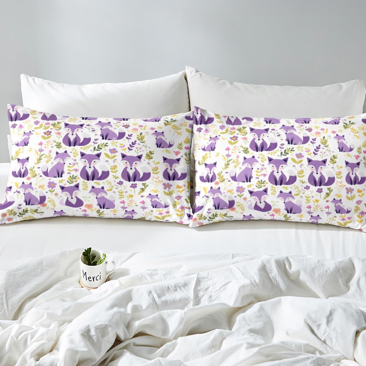 Feelyou Purple Fox Duvet Cover Twin Size Kids Cute Cartoon Fox Comforter Cover Set for Boys Girls Teens Animal Floral Bedding Set Breathable Woodland Fox Bedspread Cover Nature Wildlife Quilt Cover