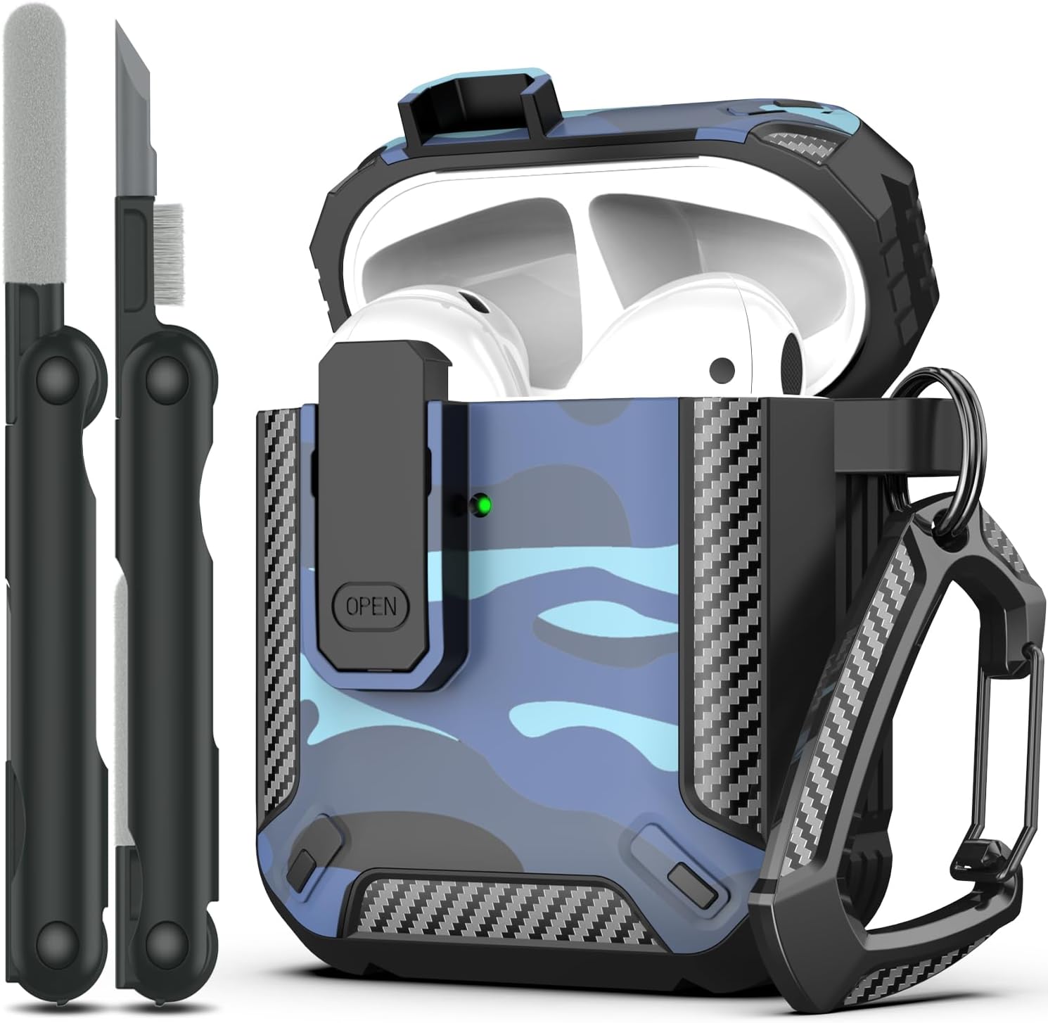 RFUNGUANGO for AirPod 2nd Generation Case Cover with Cleaner Kit, Military Hard Shell Protective Armor with Lock for AirPod Gen 1&2 Charging Case, Front LED Visible,Blue Camouflage