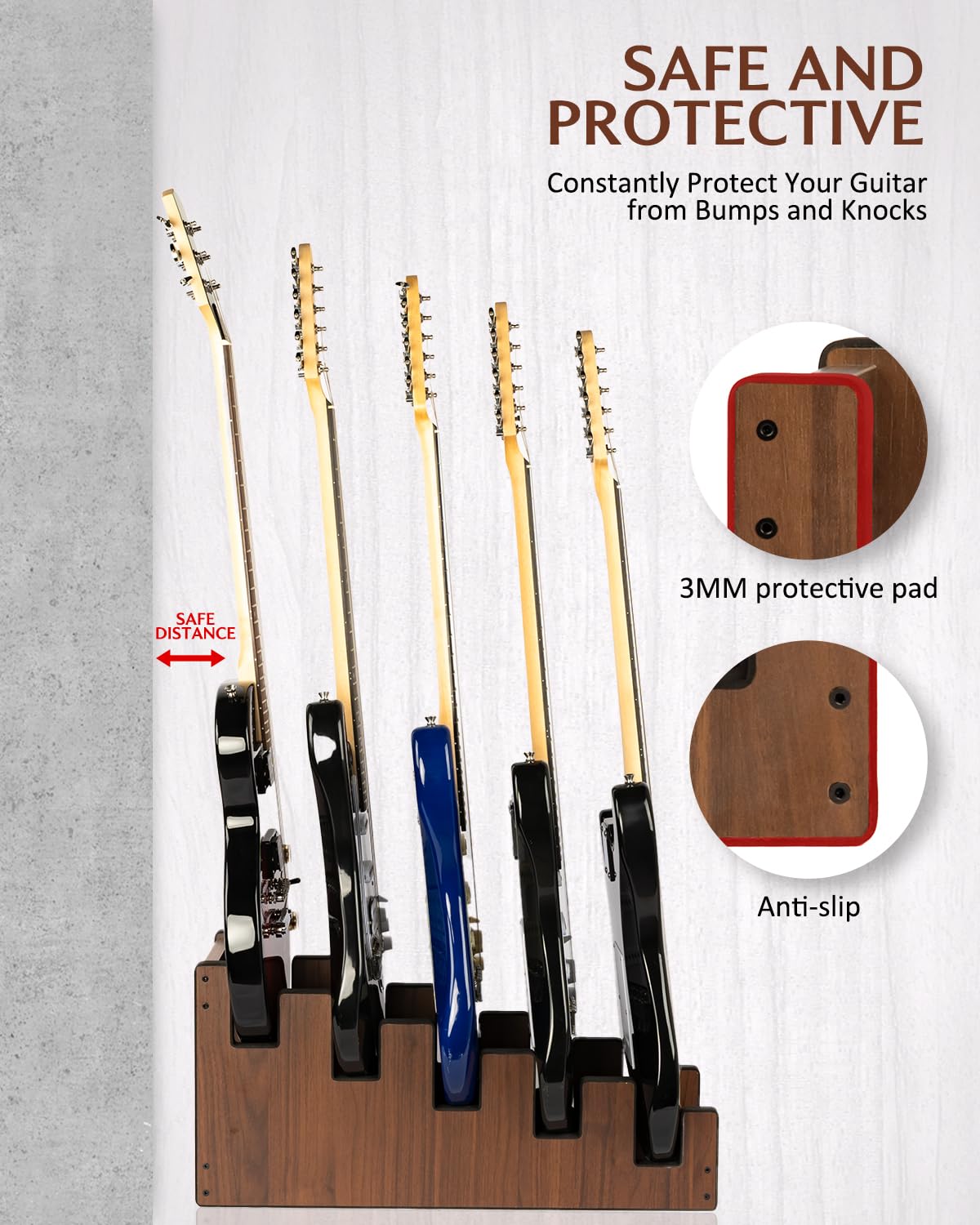 STRICH L-5EW Support de guitare en bois pour plusieurs guitares, 5 supports, affichage frontal, gain de place, pour la maison, le studio, la scène, couleur noyer, L-5EW (pour 5 guitares électriques