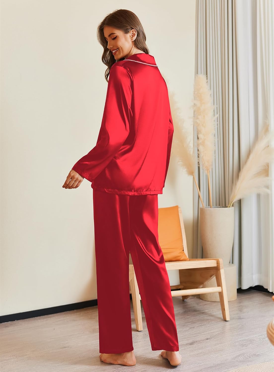 Ekouaer Pajamas For Women Set Silk Pjs 2 Piece Satin Sleepwear Long Sleeve Button Down Lounge Sets With Pant - Image 2