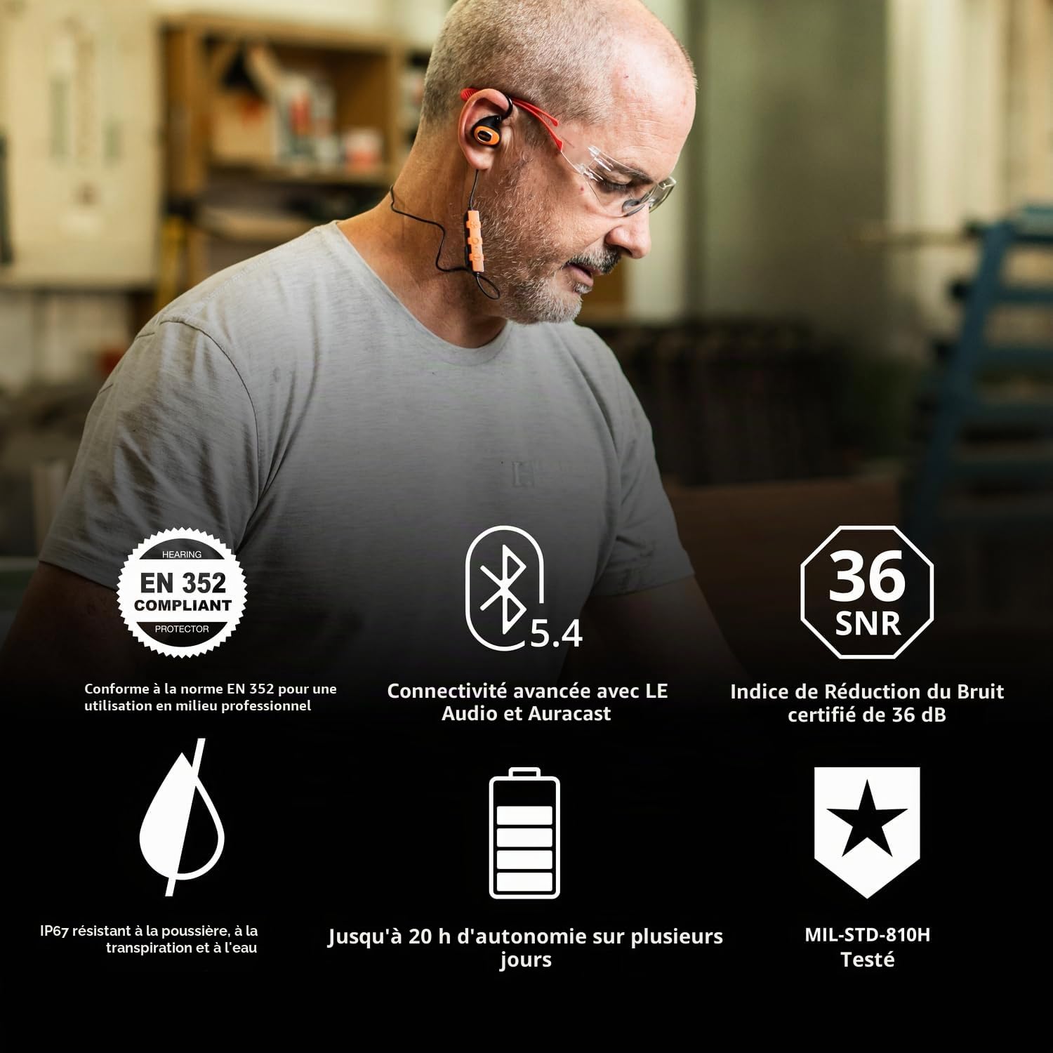 ISOtunes Pro 3.0 Bouchons Anti Bruit Bluetooth EN352 36 DB SNR | Protection auditive EN352 avec audio haute fidélité : 36 dB SNR, 20 h d'autonomie, IP67 eau et poussière