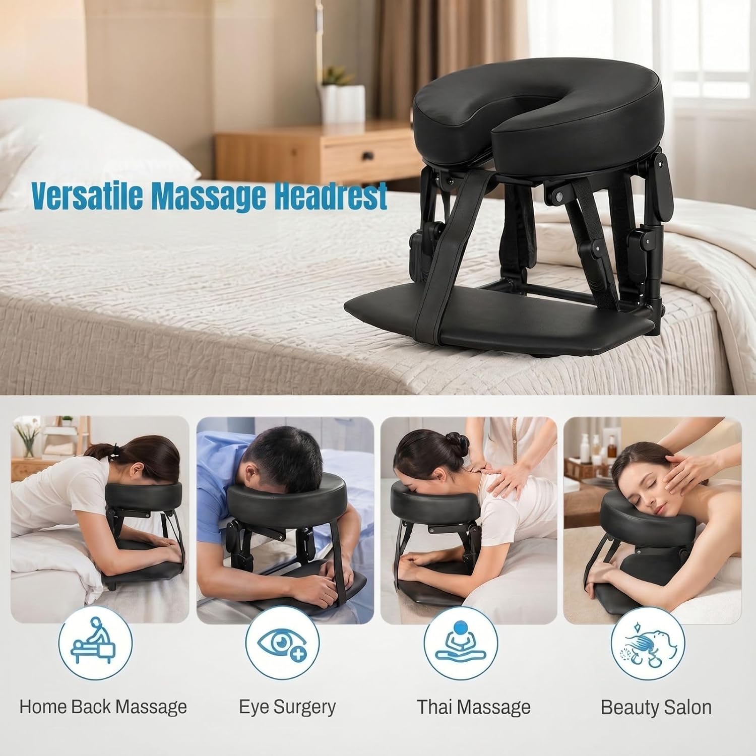 Massage Headrest for Bed with Arm Rest, Adjustable Massage Face Cradle for Home Mattress, Portable Bed Massage Head Holder, Massage Table Head Rest for Salon Spa and Eye Surgery Recovery, Black