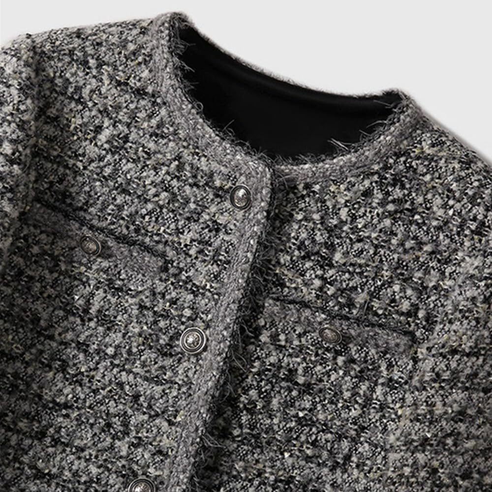 Women's Tweed Cropped Blazers Round Neck Long Sleeve Short Jacket Trendy Fall Winter Casual Button Down Tops Jackets - Image 5