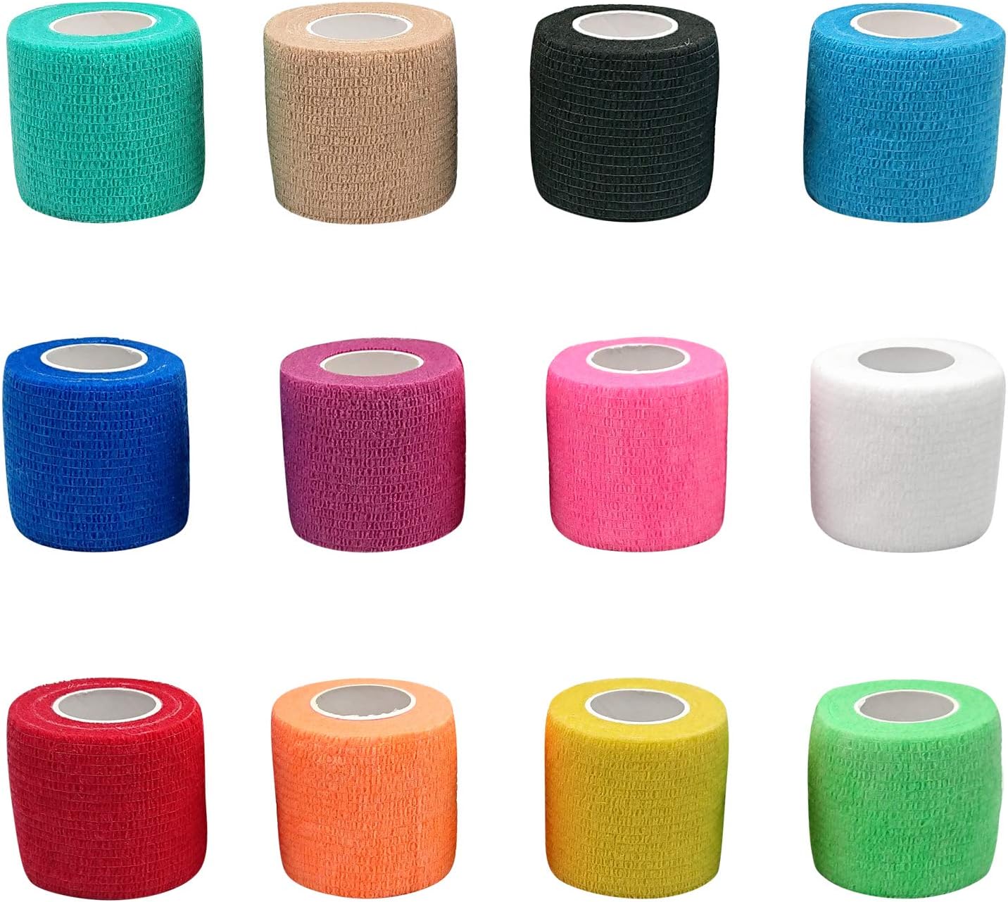 Self-Adhesive Cohesive Wrap Bandage Tape by MANSHU, Self-Adhesive Bandage Rolls,Elastic Non-Woven, 12 Rolls, 12 Colors (2Inches x 5Yards)