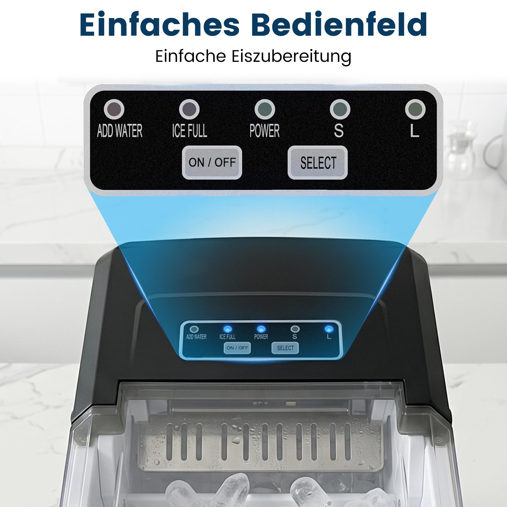 Eiswürfelmaschine Klein, Eiswürfelbereiter mit Tragbarem Griff, 2 Eiswürfel Größen, 9 Würfel in 6 Minuten Fertig, Selbstreinigende Eiswürfelmaschinen Ice Maker für Zuhause