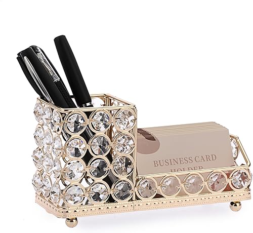 Miniatura 9 de Hipiwe Tarjetero de cristal con soporte para lápices para bolígrafos, soporte de metal dorado para tarjetas de visita con espejo brillante,