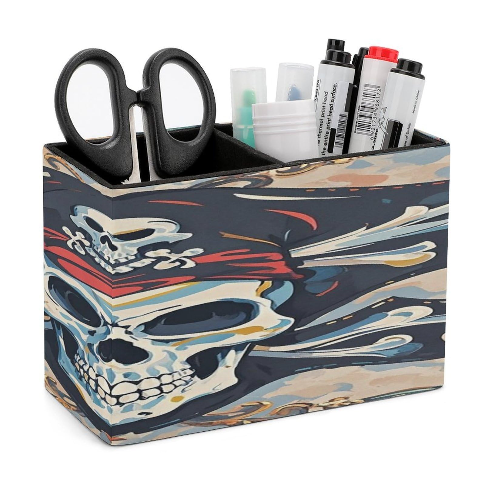 LZQPOEAS Pirate Flag Skull Leather Pen Holder Square Pencil Holder Multi-Functional Desk Organizer Modern Pen Cup Pencil Cup Minimalist Desktop Stationery Organizer for Desk Office Home