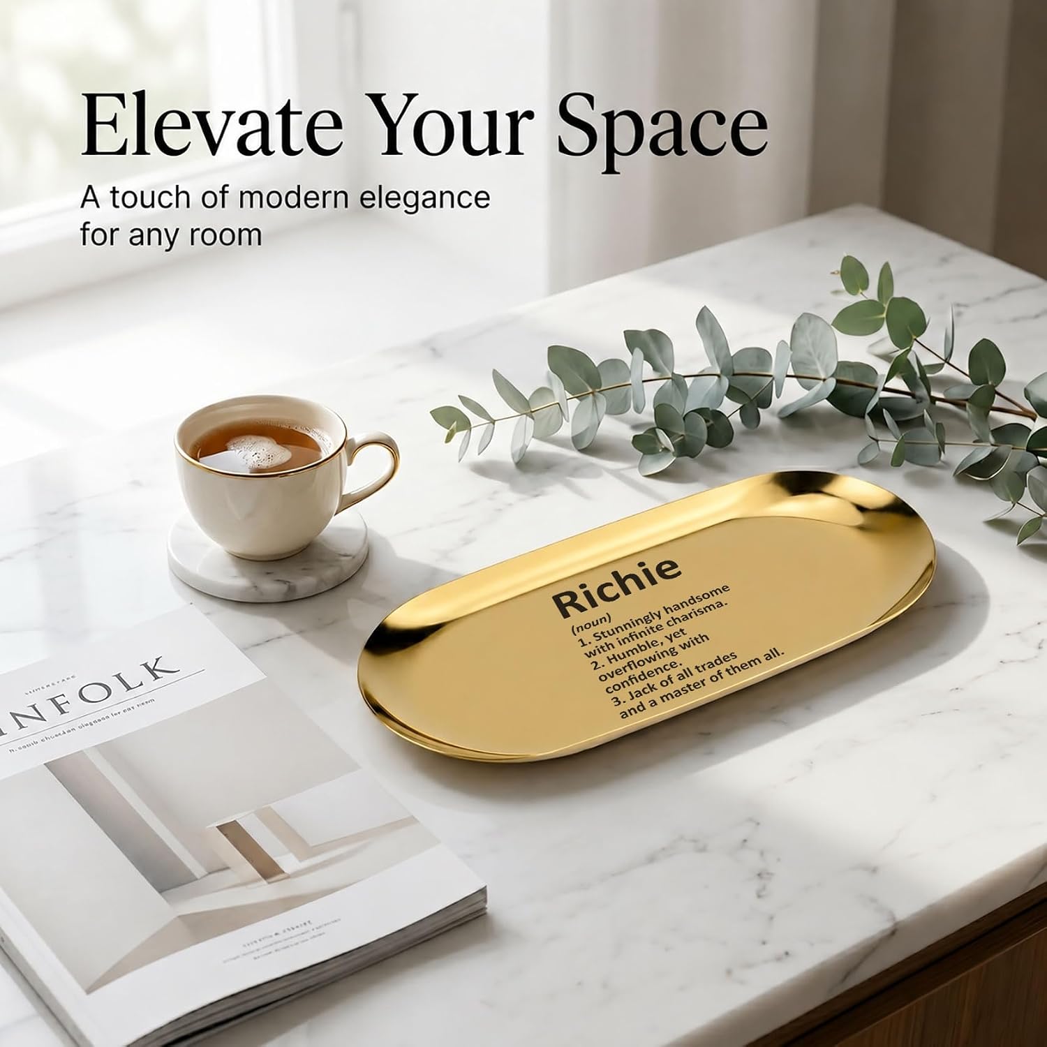 Pawpy Mate Richie Catchall Tray Stainless Steel Oval Gold 7x3 Inch Vanity and Decorative Tray Modern Polished for Home Organization, Set of 2 image 5