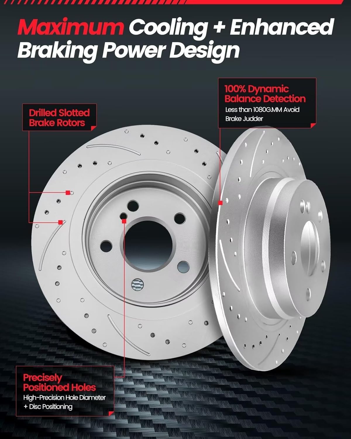 Rear Brake Pads and Rotors Kit Compatible with Select Ford Models,Mustang 1994-2004,Drilled Slotted Brake Rotors Ceramic Brake Pads automotive replacement brake kits 10.5 inch(267mm)
