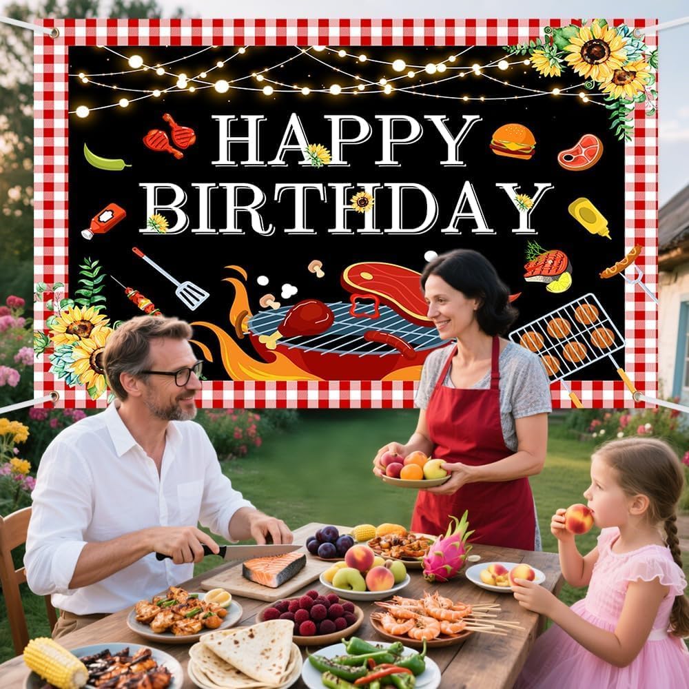 AIBIIN 10x7ft BBQ Birthday Party Decorations Large BBQ Happy Birthday Banner Red and White Gingham Picnic Banner Backdrop for Happy Birthday Barbecue Party Supplies Yard Outdoor