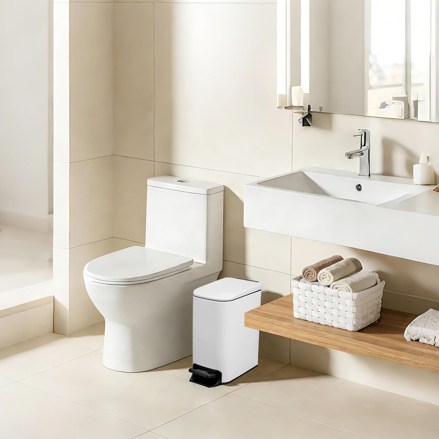 6 Liter 1.6 Gallon Small BathroomTrash Can with Soft Lid W5.9 in Slim Garbage Can with Inner Bucket Dust Bin Waste Bin Bathroom Garbage Can Pedal Powder Coated Metal White