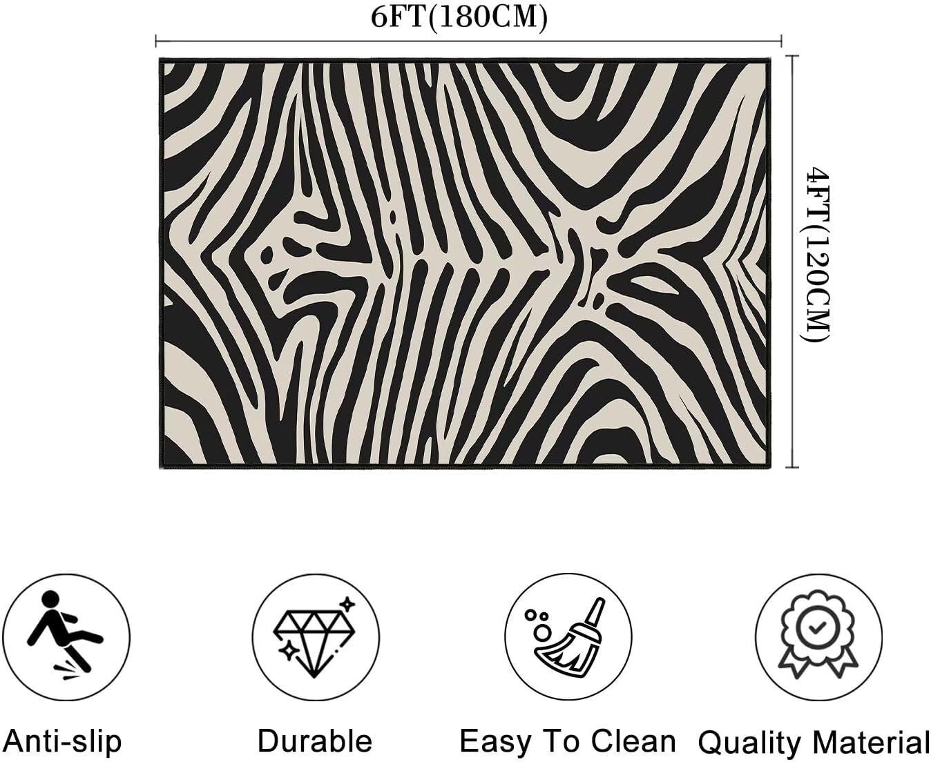Zebra Print Area Rug 4x6,Zebra Pattern Area Carpets for Living Room,Ultra-Thin Washable Throw Rugs Indoor Beige White and Black Bedroom Carpet Non Slip Accent Floor Mats for Dining Room,Laundry Room